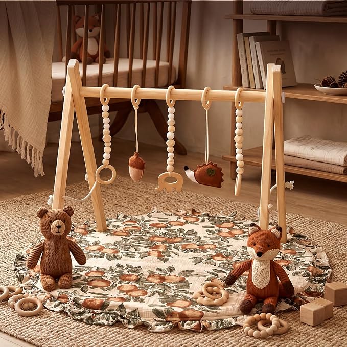 Wooden Baby Play Gym with Apple & Leaf Print Play Mat, Baby Gym with 5 Sensory Toys, Foldable Baby Activity Center Play Gym Frame for Newborn Infant Shower Gift