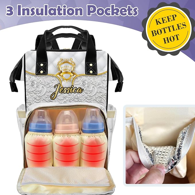 Custom Diaper Bag with Name Personalized Multifunctional Mommy Backpack for Shoulders Outdoor Backpack for Newborn Baby Crown-Thermal Pockets Nursing Bags
