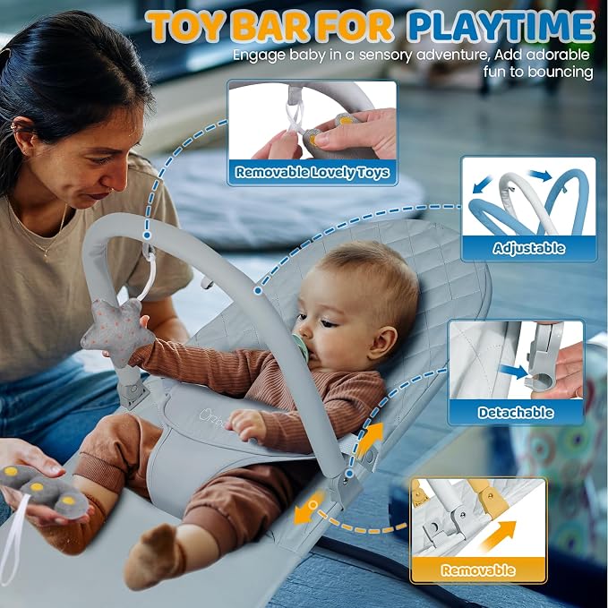 Orzbow Baby Bouncer Seat, Portable Infant Chair, 0-18 Months, Up to 20 Ibs | Foldable & Lightweight, Ergonomic 3-Positions Recline for Baby's Comfort, Removable Play Bar, Washable Cover, ASTM Certified