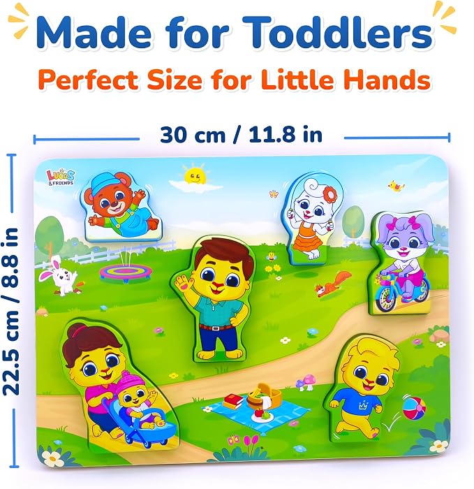 Lucas & Friends Wooden Family Puzzle for Toddlers 2-4, 6-Piece Montessori Matching Board, Extra-Thick Easy-Grip Pieces, Preschool Social Learning Toy - 12” x 9”
