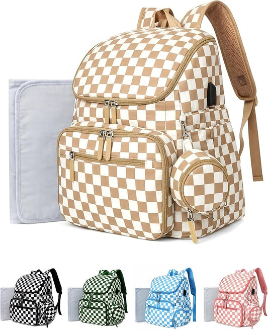 FHELAD Checkered Diaper Bag Backpack with Changing Pad & Stroller Clips, Large Travel Baby Diaper Bag for Newborn Moms, Baby Shower Gifts (Light Brown)