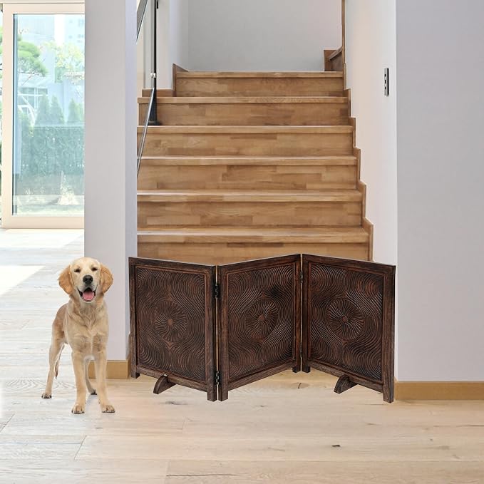 Freestanding Pet Gate for Dogs, Foldable Wooden Dog Gate for House, Indoor Dog Gate for Stair, Doorway, Carving Design Gates for Dogs Indoor, 54 Inch Wide, (18" x3 Panels =54 inch), Burnt Finish