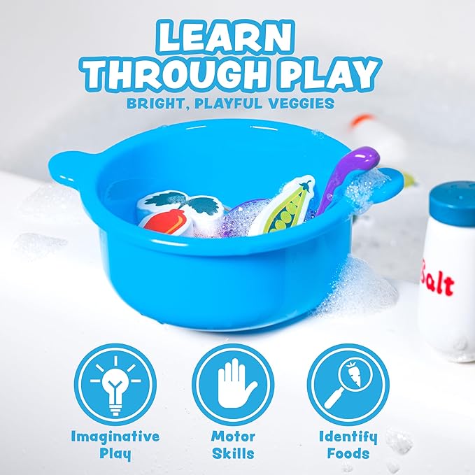Tub Works® Tub Soup??Scoop, Strain & Play Toddler Bath Toy | Floating Foam Veggies, Ladle for Scooping & Soup Pot for Straining | Pretend Play Cooking Kids Bath Toys | Creative Bathtub Toys