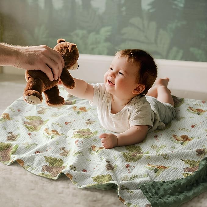 GLLQUEN BABY Blankets for Boys Girls, Soft Muslin Cotton Front Dotted Fleece Backing, Nursery Minky Crib Blanket for Infant Toddler, 30 x 40 inches Throw Blanket, Animals