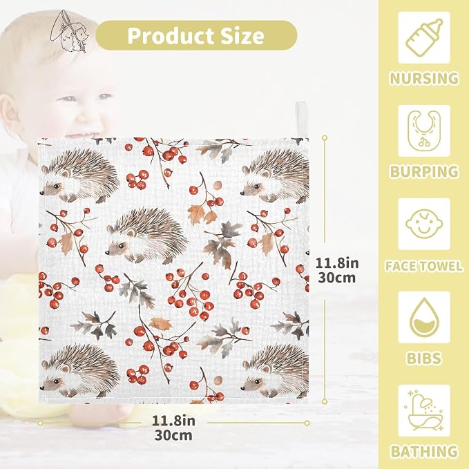 vvfelixl Baby Muslin Washcloths Forest Hedgehog Baby Burp Cloths Cotton Babys Face Towel for Newborn Infants Boys Girls Soft and Absorbent 11.8 X 11.8 in, 3 Pack