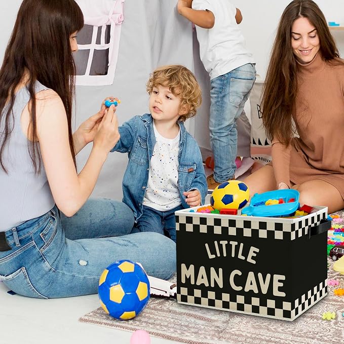 Little Man Cave Boys Storage Bins Box with Handles, Black White Checkered Collapsible Basket Organizer for Kids Boys Playroom Nursery Room Bedroom Bathroom Toys Books Clothes