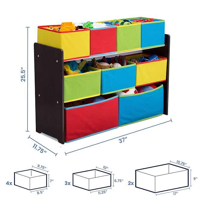 Delta Children Deluxe Multi-Bin Toy Organizer with Storage Bins, Dark Chocolate/Primary Colored Bins