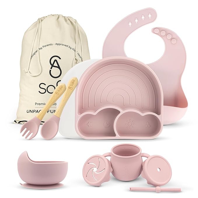 BPA-Free Non-Toxic Silicone Baby Feeding Set ??Suction Plate, Bowl, Bib & Cup ??11-Piece Baby Led Weaning Set for Ages 6-18 Months ??Eco Gift Bag (Rose Pink)