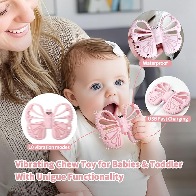 Vibrating Teether for Baby - Sensory Chew Toy for Autistic Children & Vibrating Chewy, 10X Vibration Settings, Giving Autistic Children a Better Sensory Experience (Pink)
