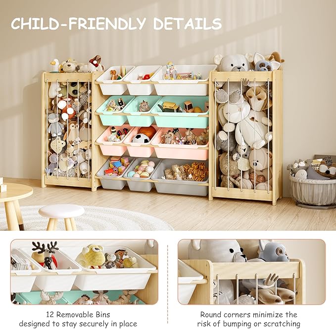EXPERLAM Large Toy Storage Organizer, Wooden Stuffed Animal Storage & 12-Bins Toy Organizer, Double-Sided Plush Toy Holder Featuring Thicker Ropes, Space Save Playroom Bedroom Nursery Storage, Multi