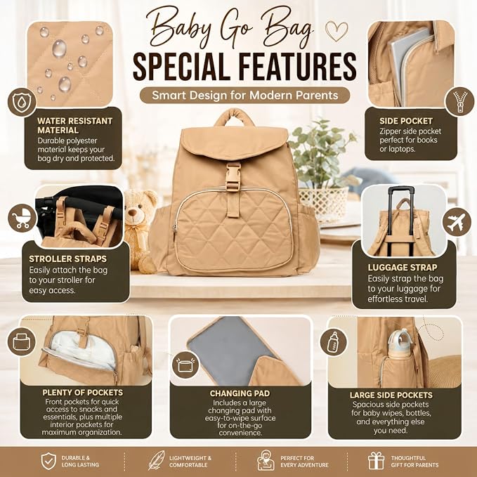 Diaper Bag Backpack for Mom & Dad - Large Baby Bag with Changing Pad & Stroller Straps - Laptop Pocket & Bottle Holder - Polyester, Water-Resistant & Travel Diaper Backpack - Soft Shell - Biege Color