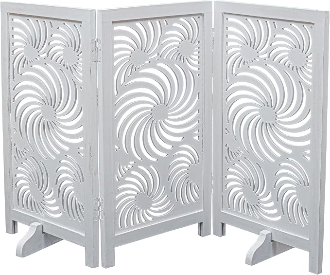Freestanding Pet Gate for Dogs, Foldable Wooden Dog Gate for House, Indoor Dog Gate for Stair, Doorway,Sun Flower Design Gates for Dogs Indoor, 48 Inch Wide, (16" x3 Panels =48 inch),White Antique