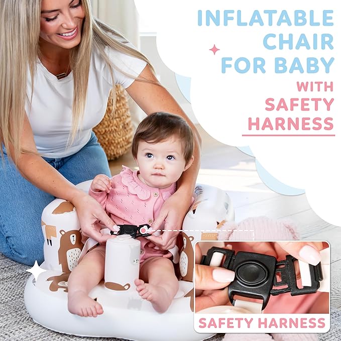 Inflatable Chair for Baby with Safety Harness, Built-in Pump & Non-Slip Base ??Infant Sit Up Seat for 3-36 Months, Portable Blow Up Baby Chair for Travel, Easy to Clean