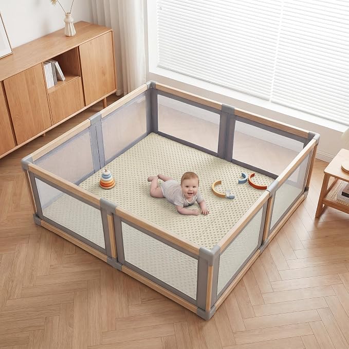 Baby Floor Play Mat for Playpen, Extra Thick 65x50 Inches Padded Mat with Ultra Soft 3D Minky Dot & Removable Washable Cover, Non-Slip & Safe for Crawling,Tummy Time,Infant/Toddler (Beige)