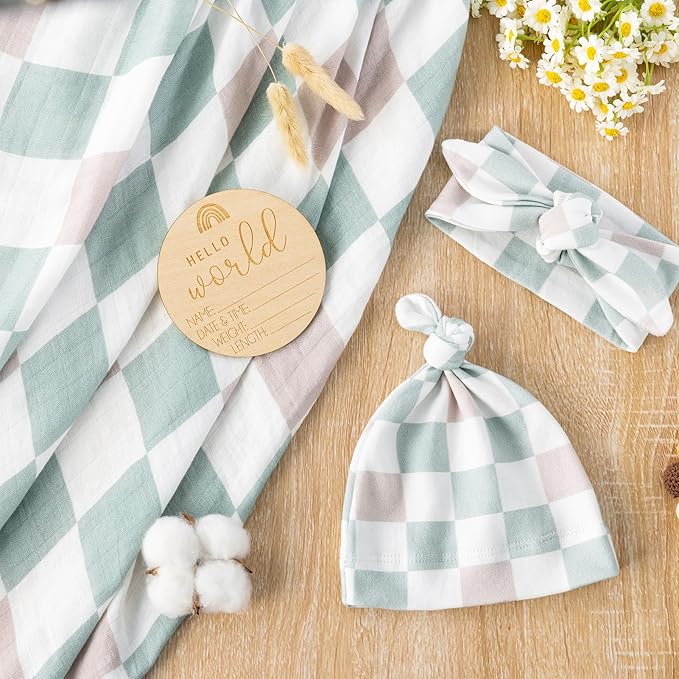 BabyWhale Muslin Swaddle Blanket with Hat and Headband Bow, Checkered Print Swaddle Set for Baby Boys ï¼?Girls, Unisex Soft Receiving Blanket Wrap, Green Grey Checkered, 47x47 inches