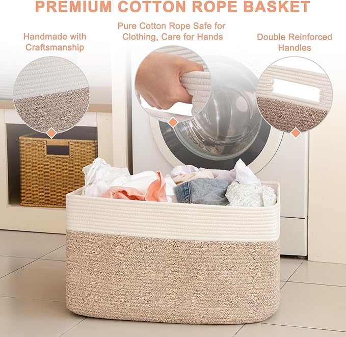 96L XL Large Cotton Rope Basket, Soft Toy Storage Bin for Nursery & Living Room, Decorative Blanket Basket for Bedroom, Baby-Safe Organizer for Pillows &Laundry, 24''×16''×15'', Brown & White