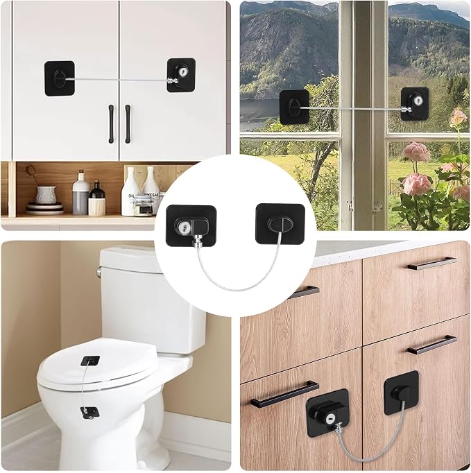 Fridge Lock with Key, Safety Lock for Refrigerator, Cabinet, Drawer, Window – Easy to Install, No Drilling(4 Pack, Rectangle Black)