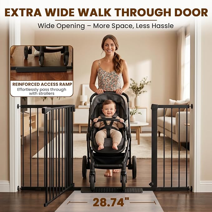 Mumeasy Extra Wide Large Baby Gate for Doorways, 36-66" Walk Through Wide Long Dog Gate for Door & Stair, Auto Close Dual Swing Pressure Mounted Child Safety Gate for Toddlers, Puppies & Pets, Black