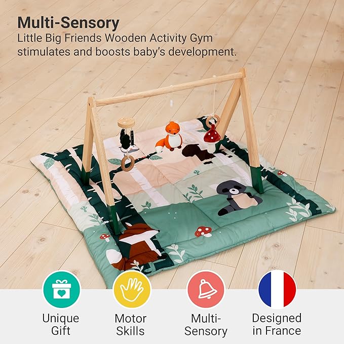 Little Big Friends Wooden Baby Activity Gym ??Montessori Play Gym for Babies | Encourages Motor Skills & Sensory Development | Includes Crinkle Fabrics, Wooden Chimes & Hanging Toys ??Forest