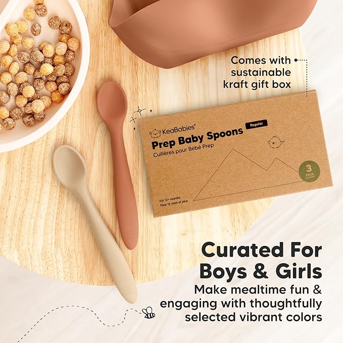 KeaBabies Silicone Baby Spoons, Self Feeding 6-12 months - 3-Pack Baby Weaning Eating Utensils,Toddler First Food Training Spoon,Infant,Kids Feeding Supplies Essential Set,Dishwasher-safe (Terracotta)