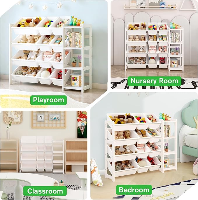 MallBest Kids Toy Storage Organizer with Bookshelf – Wooden Toy Bin Organizer with 12 Storage Bins & 3-Tier Shelf, Toy Shelf for Toddlers, Nursery, Playroom, Bedroom（White）