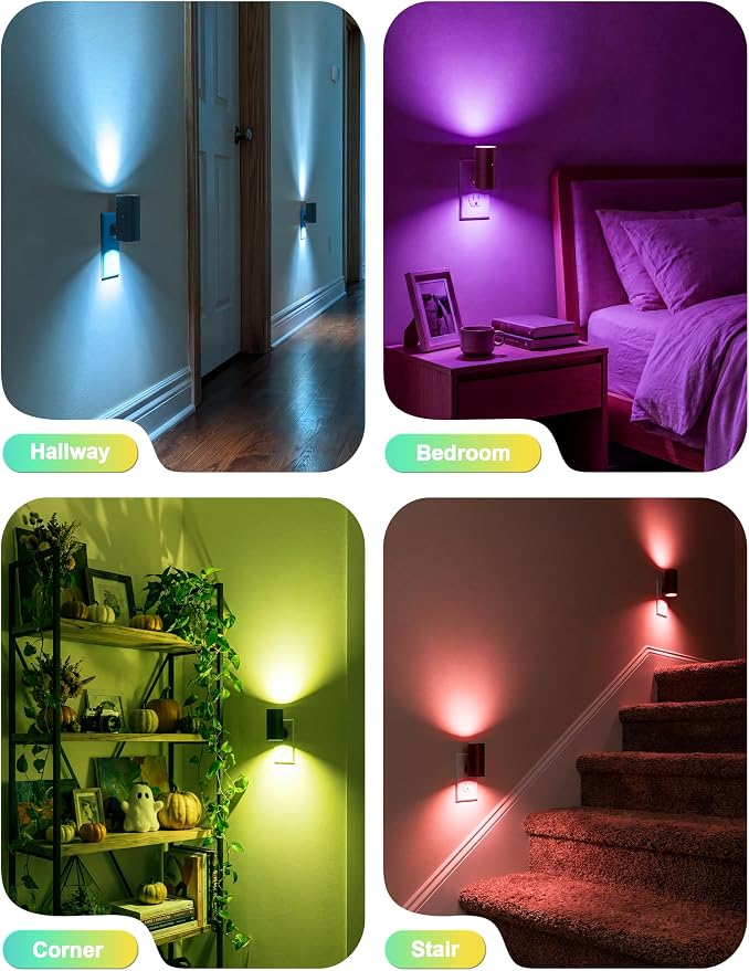 VOLISUN Led Night Light Plug into Wall, 6 RGB Night Lights with Light Sensor, Color Changing Mode, Dimmable Night Light for Christmas, Halloween, Holiday Decor, Hallway, Bedroom Black 2 Pack