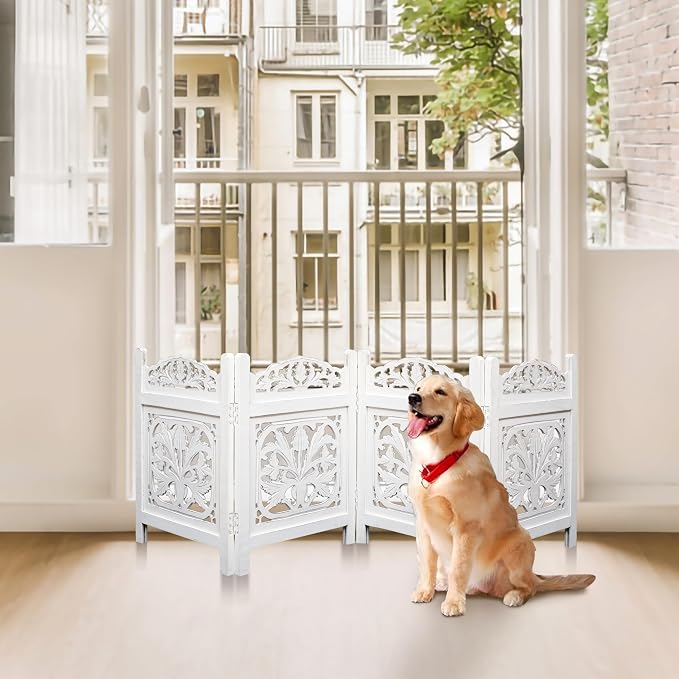 Free Standing Dog Gate – 4 Panel Foldable Wooden pet gate Indoor 72" W x 24" H, Hand-Carved Solid Wood & MDF, Portable Indoor Gate for Doorways, Halls, Stairs – Fully Assembled, White Finish