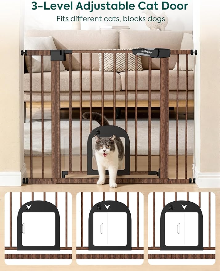 Babelio CatPrivilege ??Baby Gate with Cat Door, 29"-43" Adjustable Black Wood Pattern Pet Door, 30" Tall Pressure Mounted Safety Gate for Stairs & Doorways, Auto Close,Wall Protectors Included