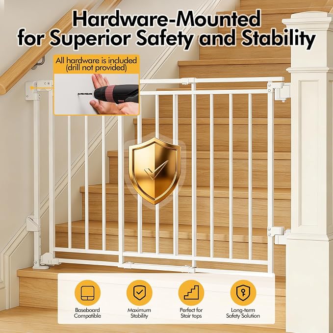 Baby Gate Extra Wide 32-54”W x 39”Extra Tall,Must Drill to Install,One-Hand Operation，No Bottom Threshold,Auto Close，White