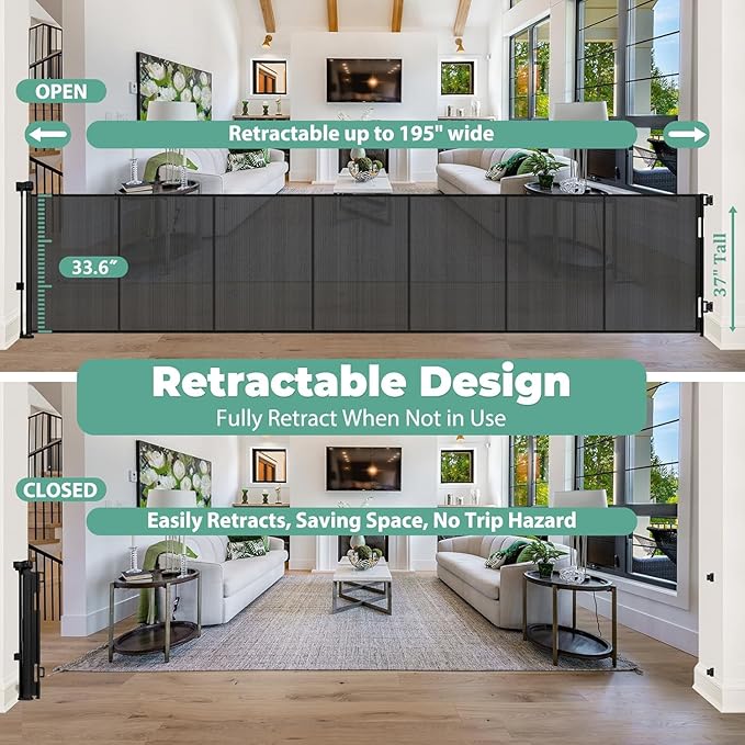 Reinforced 195 Inch Retractable Baby Gates Extra Wide Dog Gate with Support Rods ??Prevent Crawling Under, 16ft Wide Retractable Fence Outdoor Retractable Gate Indoor Long Gates for Kids or Pets/Black