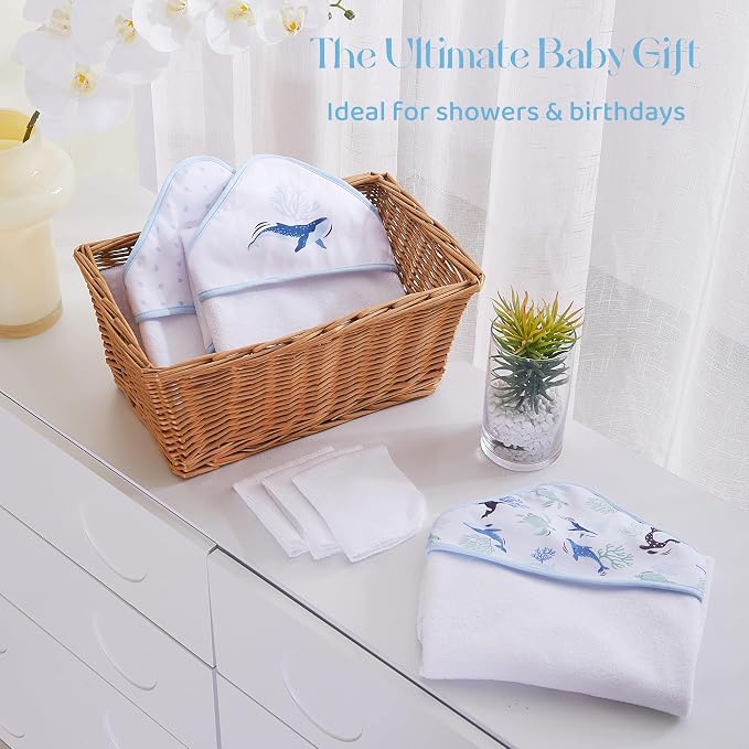 Mooreeke Baby Towel with Hood for Boys Blue Ocean Bath Towel for Babies Ultra Soft Absorbent 3 PCS Baby Towels and 3 PCS Washcloths for Newborn Essentials
