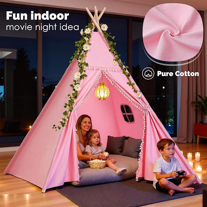Sumbababy Large Teepee Tent for Adults & Kids, Cotton Canvas Foldable Indoor Tent for Toddlers, Sleepover Gift Toy for Girls & Boys, Washable Slumber Party Tent for Party Decor, Pink