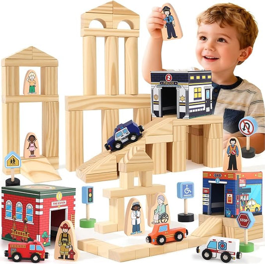 Atoylink Kids Building Blocks for Toddlers 1-3, 108Pcs Wooden Stacking Toys with Community Helpers & Magnetic Wooden Cars Signals, Baby Nesting Boxes Preschool Learning Toys for Boys Girls Gift