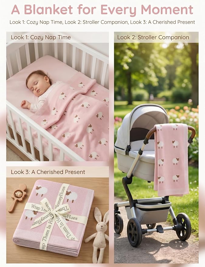 Organic Cotton Baby Blanket - Soft Luxury Knit Receiving Blanket for Newborns & Toddlers, Cozy Breathable Stroller Blanket with Pattern, Unisex, 30x40Inch（Sheep-Pink）