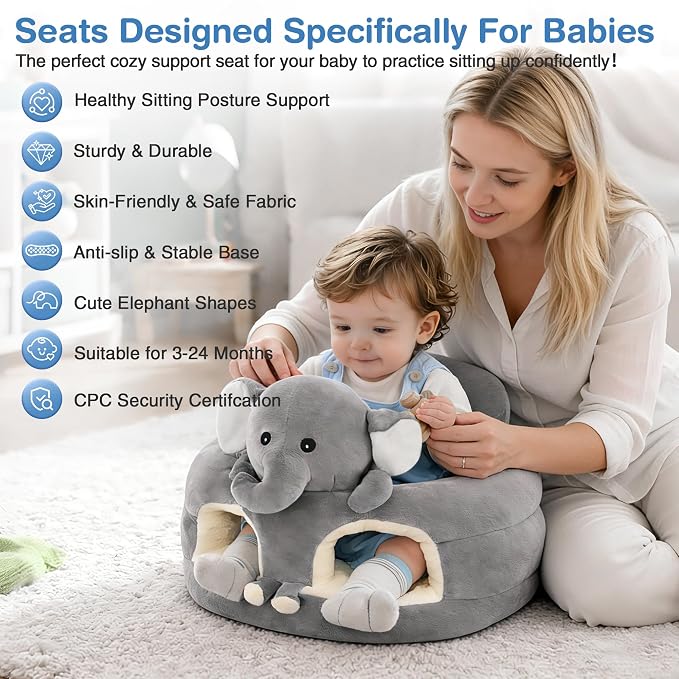 Sit Up Floor Seat for Baby 3-24 Months, Plush Animal Shaped Support Floor Chair Learning to Sit, Infant Toddler Baby Sofa with Cotton Filling, Non-Slip Bottom, Grey