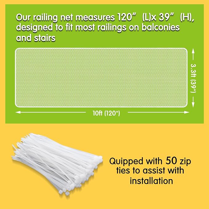 Cupount Banister Guard for Baby - 10ft x 3.3ft White Safety Mesh Netting for Pets and Kids - Stair Railing Cover for Home