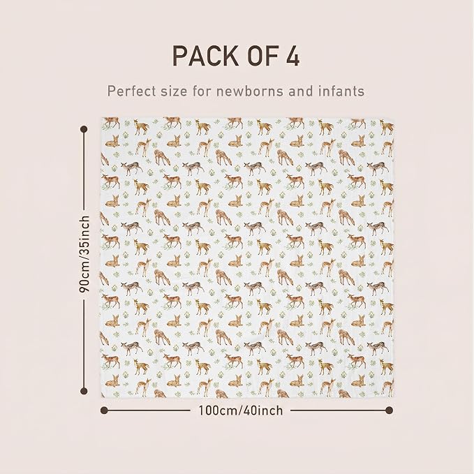 GLLQUEN BABY Muslin Swaddle Blankets 4-Pack Breathable Receiving Blankets (35" x 40") Soft Baby Blankets for Girls and Boys Newborn Essentials Muslin Swaddle Wrap Baby Gift(Deer)