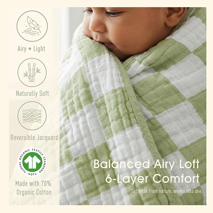 6-Layer Muslin Baby Blanket Made with Organic Cotton - Classic Neutral Checkered, Swaddle & Crib Quilt, 43”x43”, Warm Sage Green Checkered