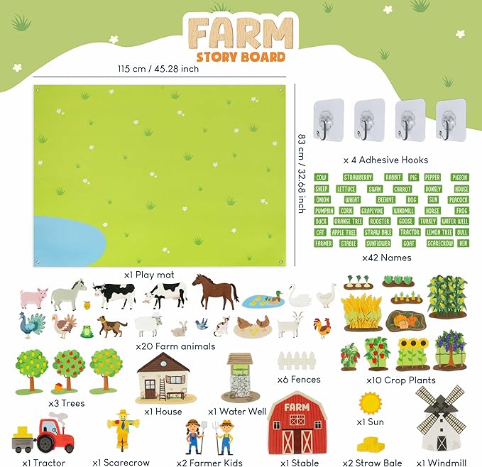 BONNYCO Felt Board for Toddlers with 92 Animal Farm Figures. Montessori and Sensory Toys, Birthday Gifts for Kids 3-8 Years Old. Educational Games, Learning Activities, Christmas
