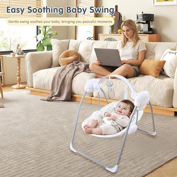 Baby Swings for Infants, Portable Baby Swing with Music, 5 Speed Levels, Timer, Infant Swing for Indoor Outdoor Use, 0-9 Months Up to 20 lbs