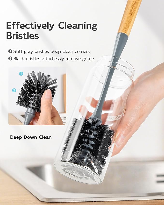 MR.SIGA Water Bottle Brush, Long Handle Bottle Brush for Water Glasses, Baby Bottles, Sports Bottles Cleaning, Gray, 2 Pack