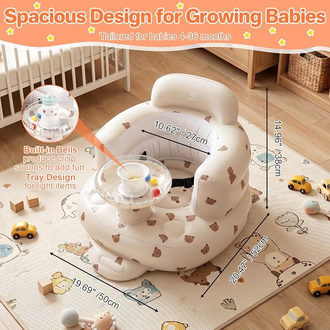BEBOAN Inflatable Baby Seat with Bell & Clear Tray for 3-36 Months, Portable Upseat Baby Chair with Safety Strap for Sitting Up, Foldable Blow Up Infant Seat, Built-in Air Pump, Beige Bear