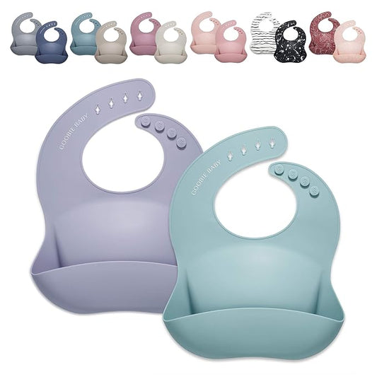 Goobie Baby Silicone Baby Bib with Food Catcher - Adjustable Waterproof Feeding Bib for Babies & Toddlers 4 to 36 Months for Girl and Boy - Modern, Soft, Easy to Clean (2 Pack – Sea Glass/Lilac)
