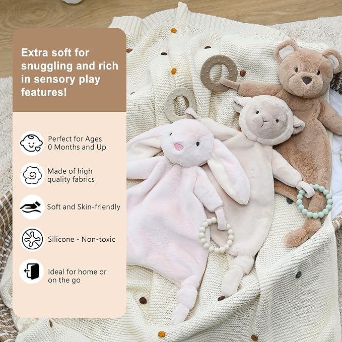 Loveys for Babies, Lovey Including Silicone Teether, Soft Bunny Stuffed Animals Security Blanket, Baby Snuggle Toy, for Newborn Boys and Girls