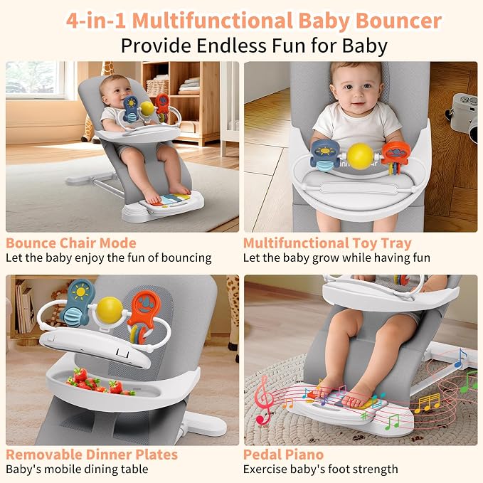 Baby Bouncer Seat, 3-Speed Adjustable Height Baby Bouncer Seat, 4-in-1 Bouncer Seat for Babies 0-6 Months, Detachable Piano Pedals, Feeding Tray