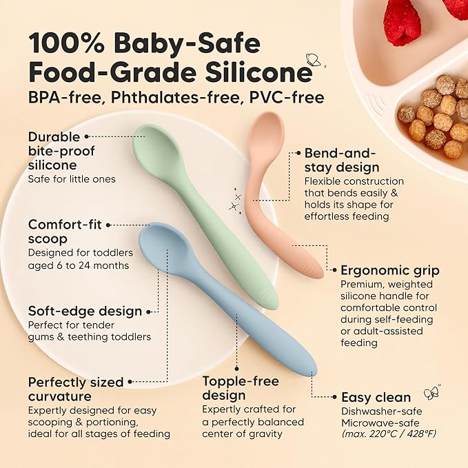 KeaBabies 3-Pack Silicone Baby Spoons and 3-Pack Waterproof Baby Bibs for Eating - Toddler First Food Training Spoon - Lightweight Boys & Girls Bib with Food Catcher