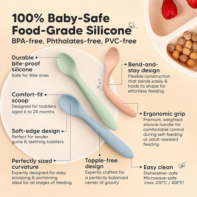 KeaBabies 3-Pack Silicone Baby Spoons and 2-Pack Baby Silicone Bibs - Toddler First Food Training Spoon - Waterproof, Easy Wipe Bib for Boys, Girls, Toddlers
