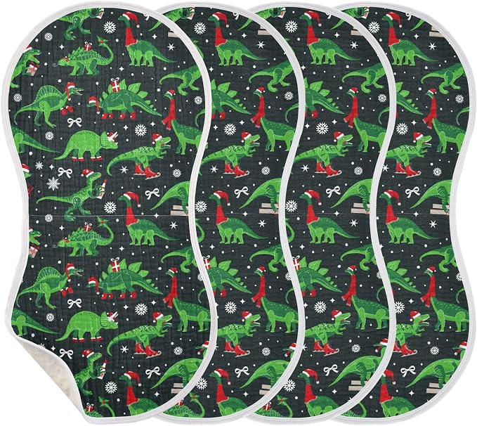 Muslin Baby Burp Cloths, Christmas Dinosaur Muslin Washcloths Baby Bibs Rags Comfy Soft Absorbent in for Newborn Boys and Girls 4 Piece 22 x 11 Inch