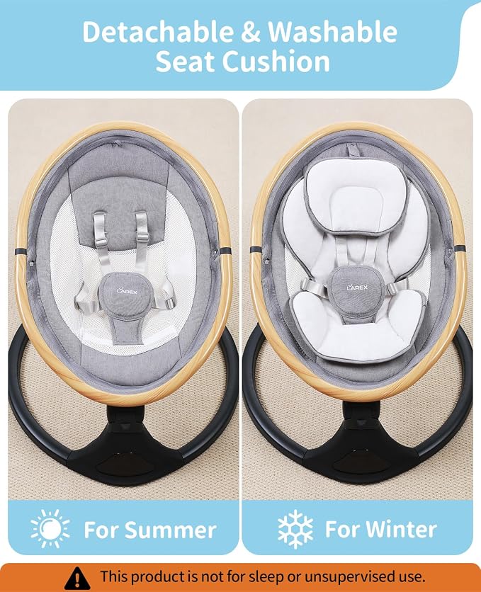 LAREX Baby Swing to Toddler Electric Infant Swing Portable for Newborn Boy Girl, 5 Sway Speeds with Remote Control, 12 Preset Melodies and Bluetooth, 0-6 Months Max 20 Lbs (Light Wood Grain)