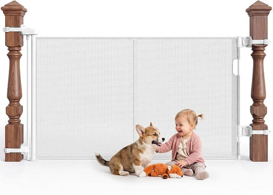 Reinforced Retractable Baby Gate for Stairs & Banister, 55" Wide Mesh Dog Gate, One-Handed Dual Lock Safety Gate for Kids & Pets, Fits Round & Square Posts (White)